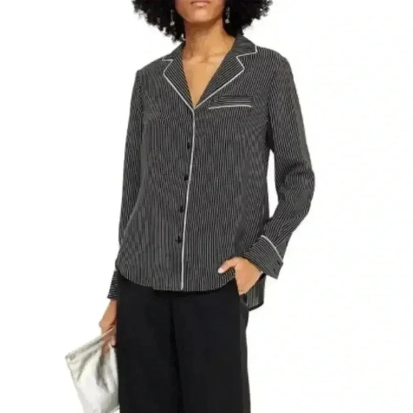 RAG & BONE Luca Silk Pajama-Style Blouse | Black/White Stripe | Size XXS - Picture 1 of 10